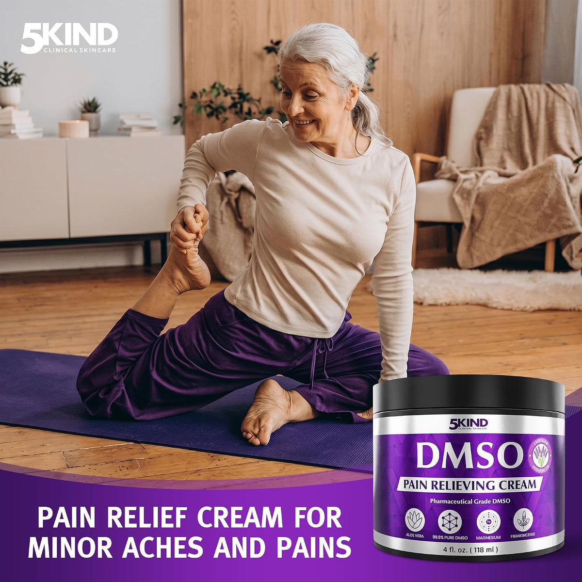 5Kind DMSO Cream for Pain Relief with Frankincense & Lavender 4 fl oz - 99.9% Pure DMSO Pharmaceutical Grade Cream - Aloe Vera, Magnesium & Arnica - Topical Muscle and Joint Pain Relief - Made in USA
