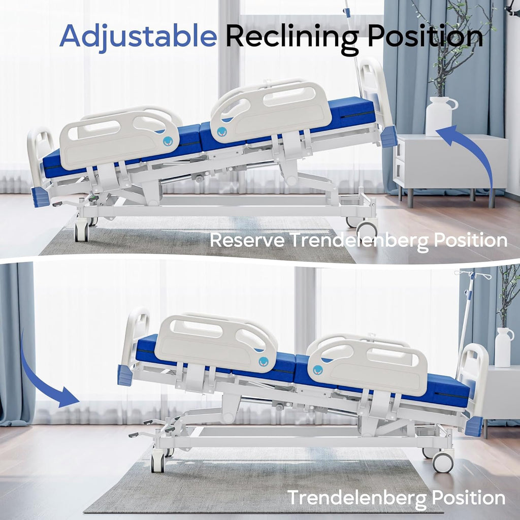Premium Full Electric Hospital Bed for Home Use, 5 Function Medical Bed with 4.7” Foam Mattress, Height Adjustable, Central Locking System, Includes Sheets (2X)