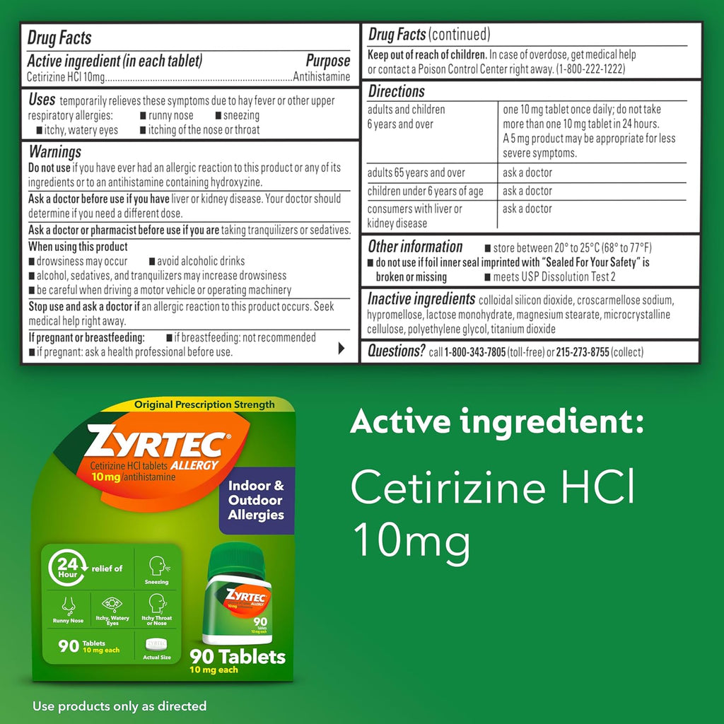 Zyrtec 24-Hour Allergy Relief Tablets, 90-Ct Size Plus 3x1-Ct Packs | 10 mg Cetirizine HCl, Allergy Medicine, For Symptoms like Runny Nose, Sneezing, Itchy & Watery Eyes & Itchy Nose or Throat