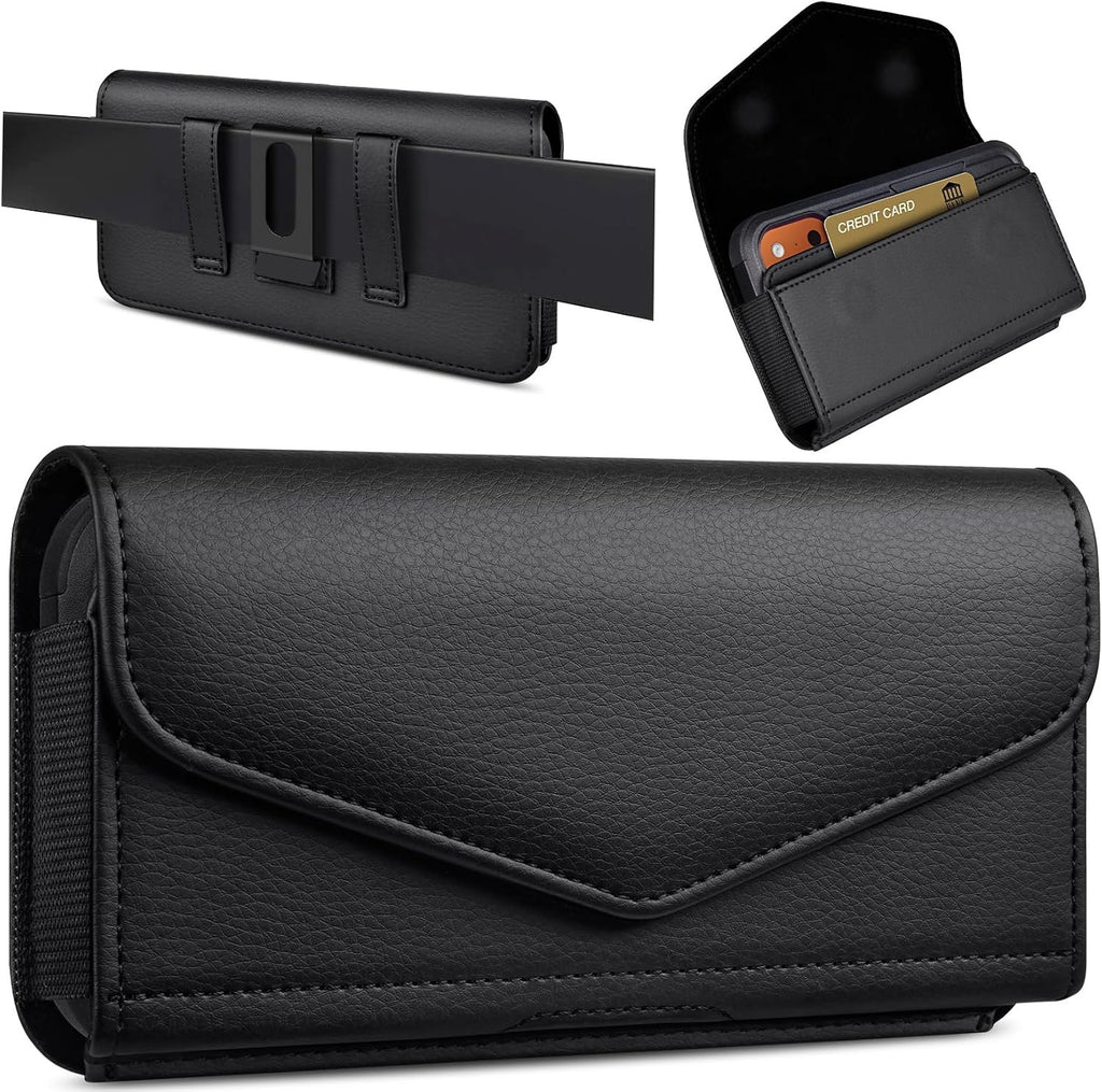 Leather Cell Phone Holster with Card Holder and Belt Clip Protective Case for iPhone Pro Max, Plus 17 16 15 14 13 12, Samsung Galaxy FE, Plus S26 S25 S24 S23 S22, L-Black