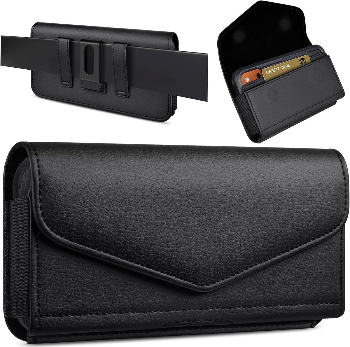 Leather Cell Phone Holster with Card Holder and Belt Clip Protective Case for iPhone Pro Max, Plus 17 16 15 14 13 12, Samsung Galaxy FE, Plus S26 S25 S24 S23 S22, L-Black