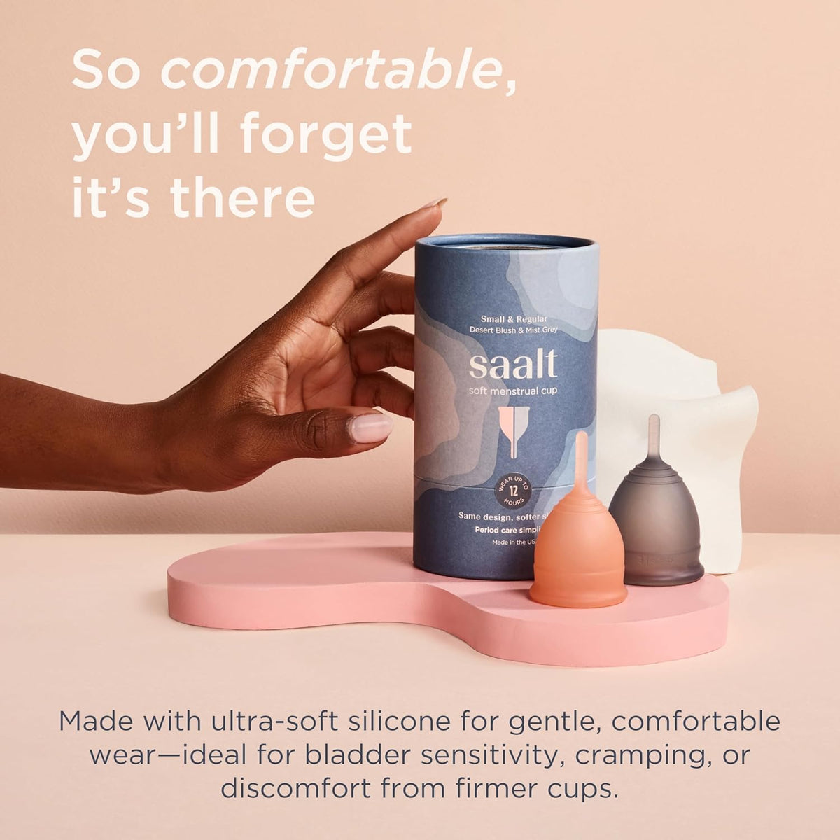 Saalt Soft Menstrual Cup – Reusable Period Cup – Made for Comfortable, Leak-Free Protection Up to 12 Hours – BPA & Latex Free – Includes Cup & Carry Bag (Regular Grey/Small Desert Blush)