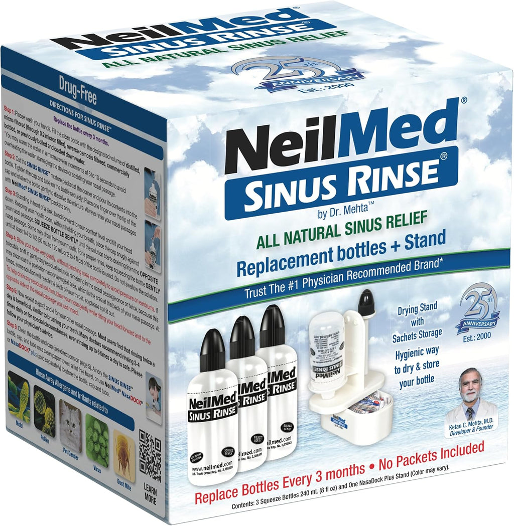 NeilMed Sinus Rinse Nasal Irrigation Replacement Bottle 3ct with NeilMed NasaDock Plus Drying Stand