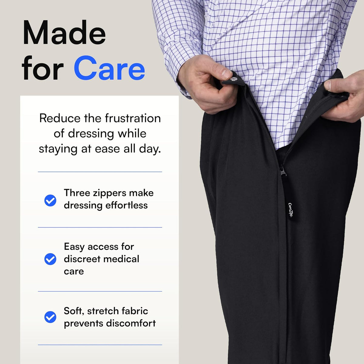 Joe & Bella CareZips® Adaptive Pants for Men - Elastic Waist Easy-Access Side & Inseam Zipper - Alternative to Tear Away