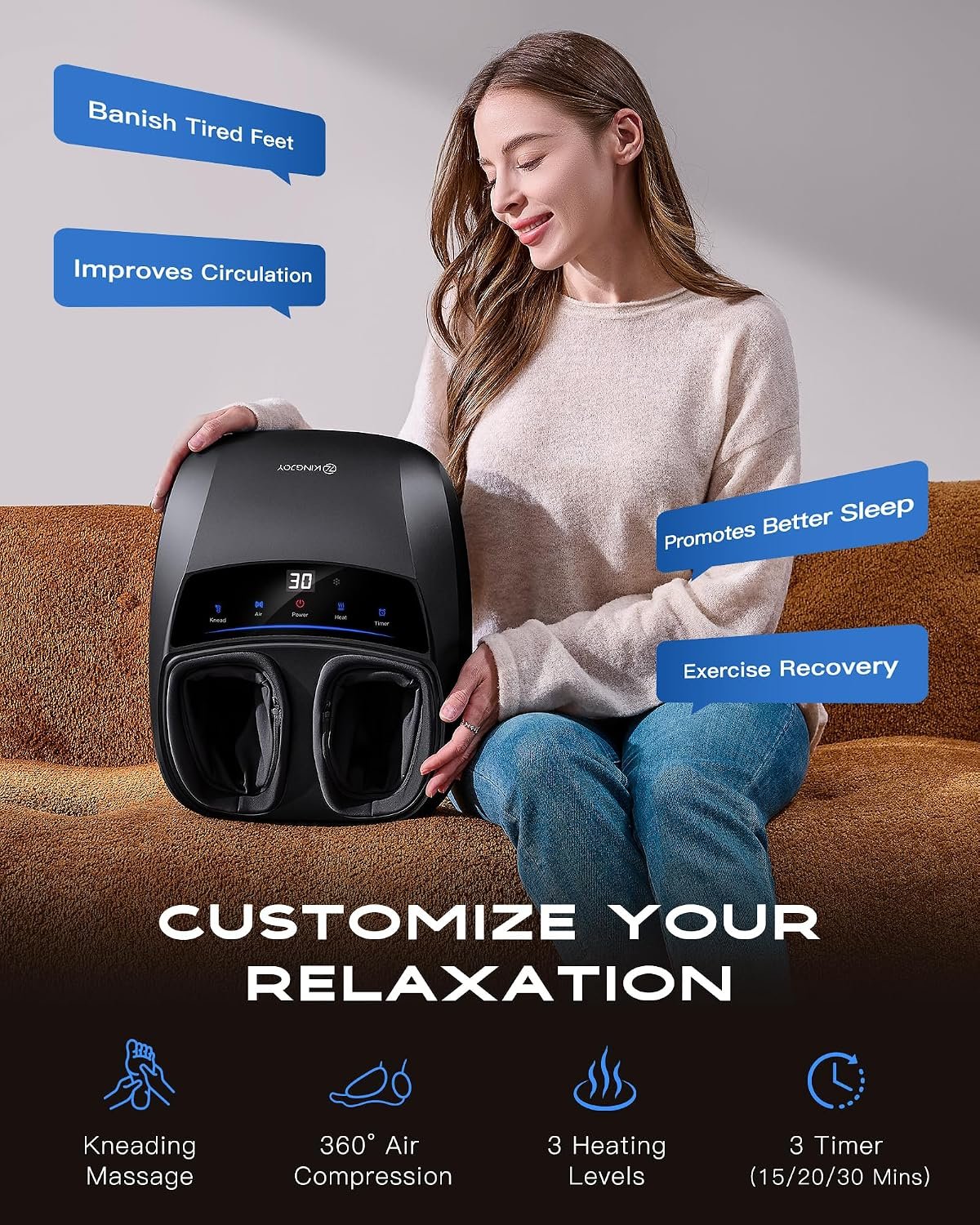 KINGJOY Foot Massager with Heat for Neuropathy and Plantar Fasciitis Relief | Deep Kneading FSA Eligible HSA Shiatsu feet massager, Multi-Level Modes, Remote Control, Self Care Gift for Mom Dad,Size 14