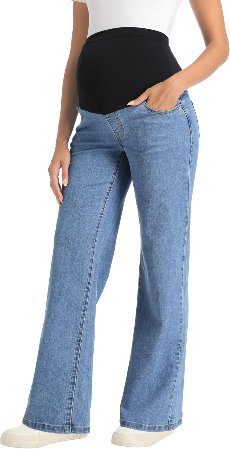 V VOCNI Women's Maternity Jeans Straight Leg Stretchy Pregnancy Jeans Wide Leg Denim Work Pants