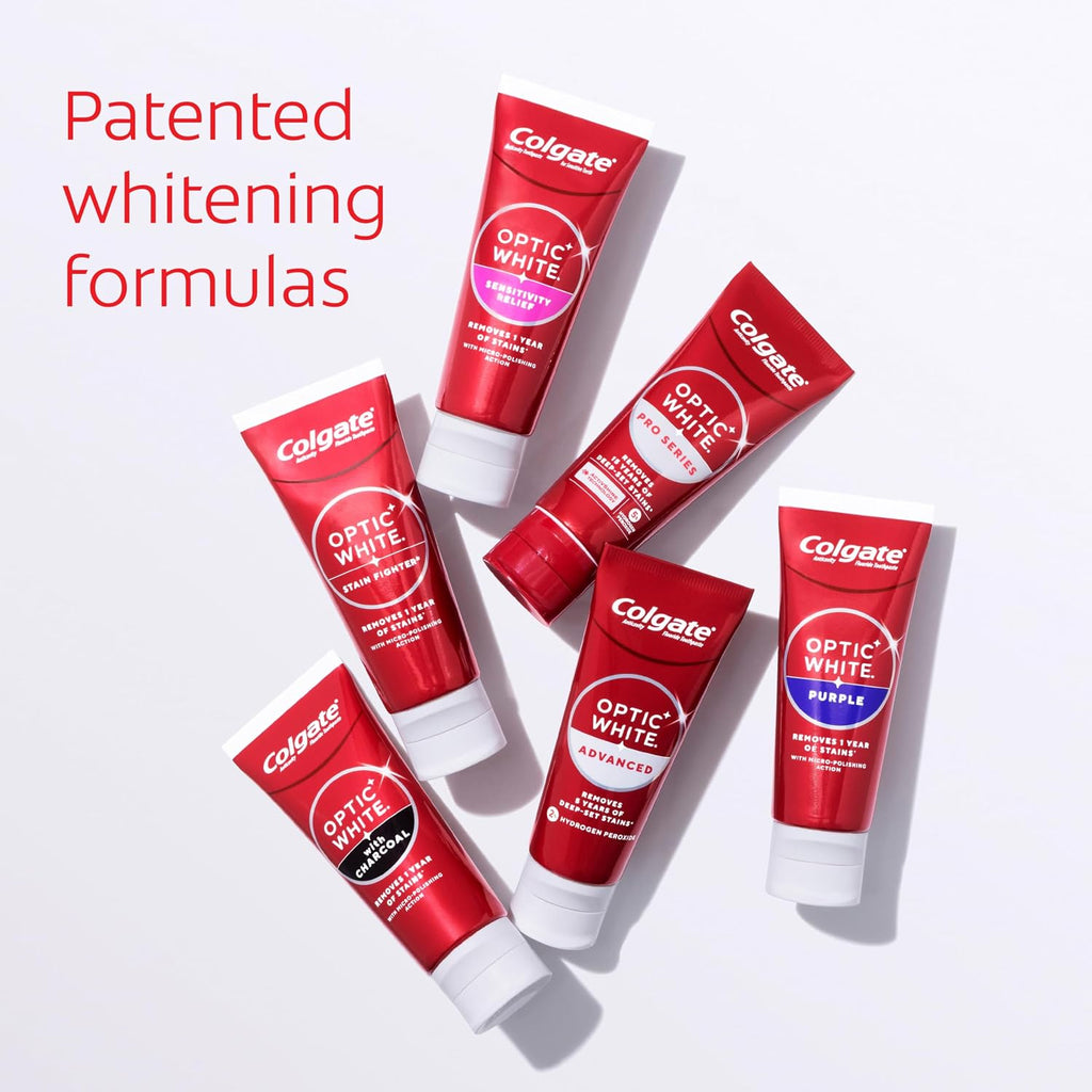 Colgate Optic White Sensitivity Relief Whitening Toothpaste, 3 Pack, 3.8oz | Teeth Whitening Toothpaste for Sensitive Teeth, Helps Remove 1 Year of Stains, Enamel Safe, Fluoride Formulated, Mint Flavor