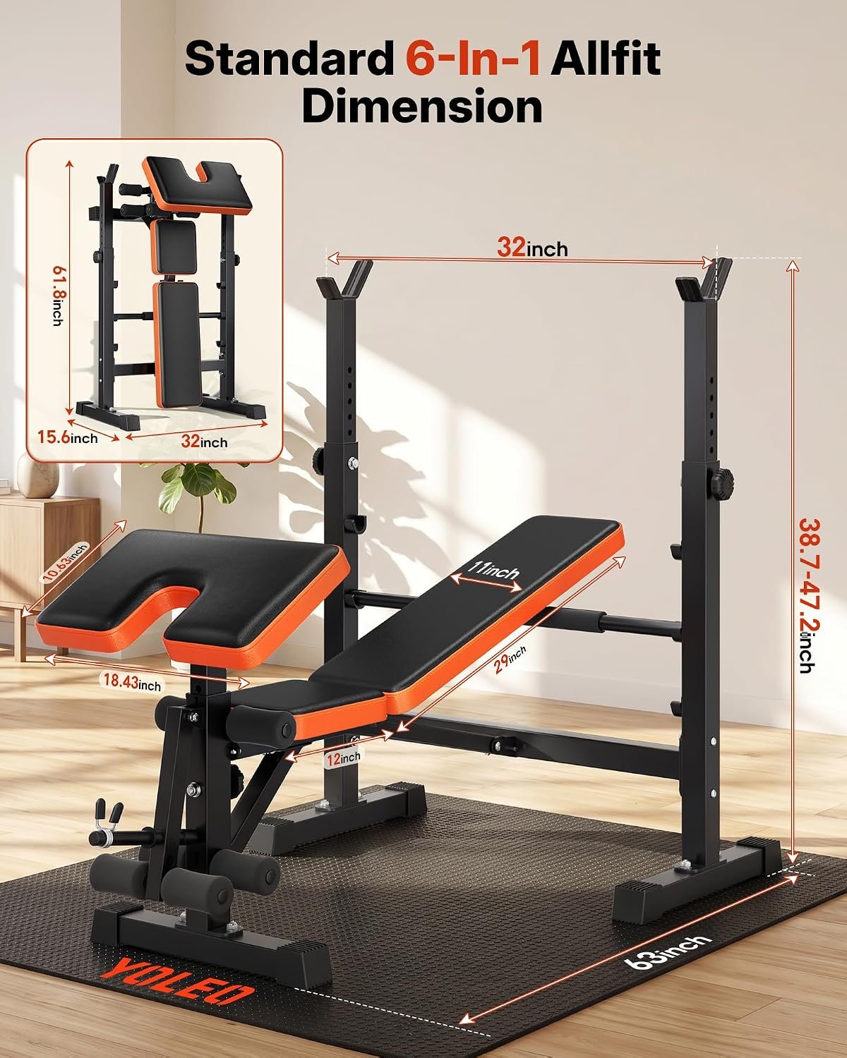 YOLEO 6-in-1 Weight Bench Set, 880LBS Adjustable Bench with Rack & Curl Pad | FID Adjust 41" Bench, Preacher Curl, Fits 5-6 ft Olympic Bar, Foldable Storage, Reinforced Steel Frame for Full-body Training