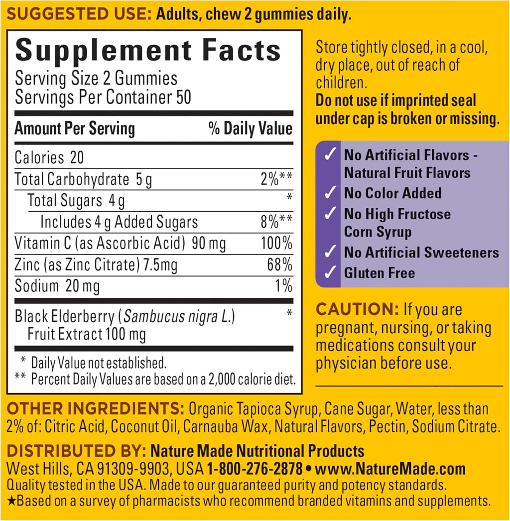 Nature Made Elderberry Gummies with Vitamin C & Zinc, 100 Gummies