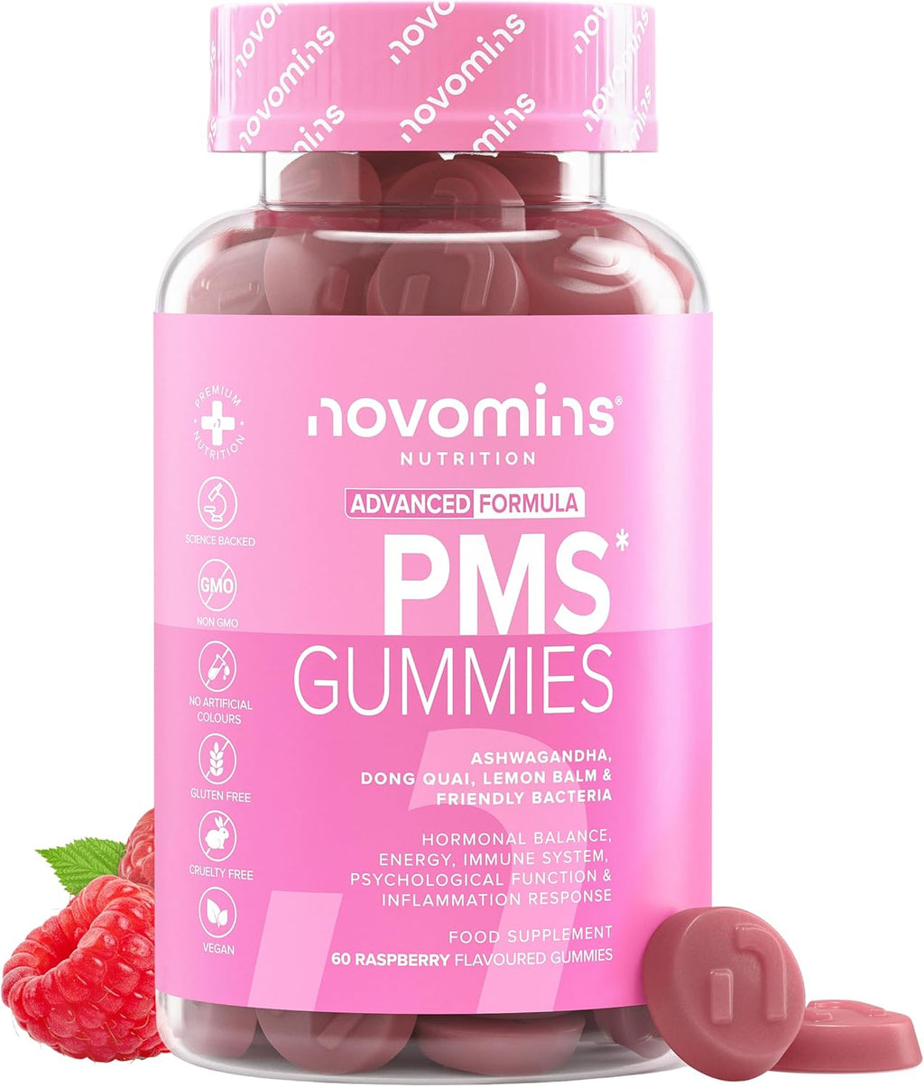 PMS Gummies with Probiotics - 60 Gummies - Multivitamins Woman with Ashwagandha, Dong Quai, Melissa, Vitamin B6, D and Zinc - Vegan - for Hormone Balance and Menstrual Cycle - Novomins