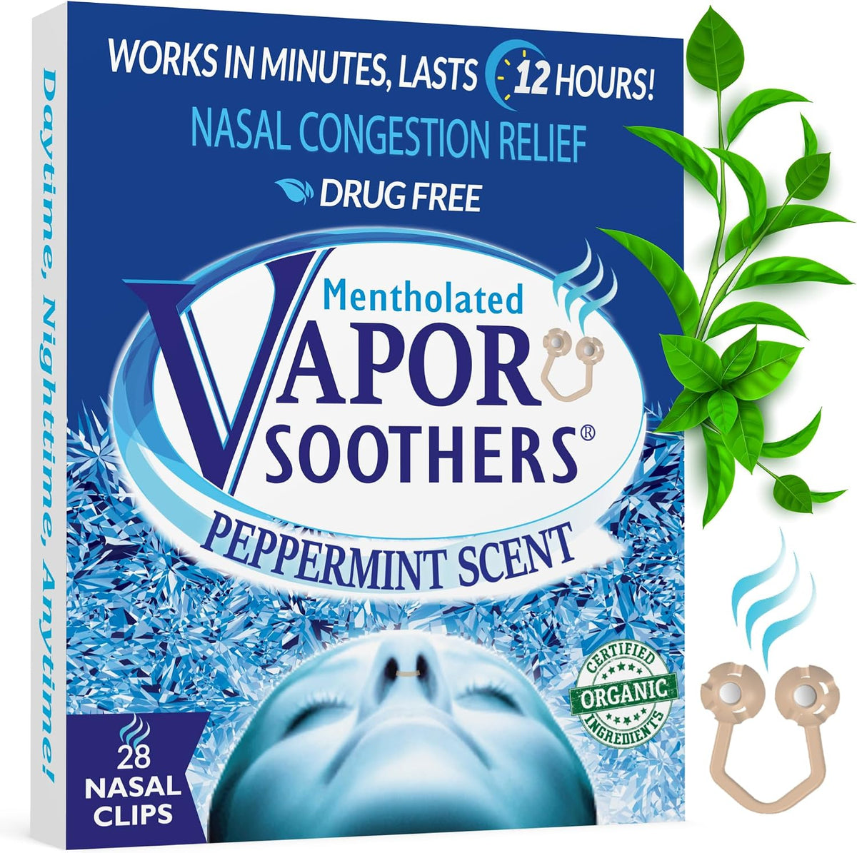 Vapor Soothers Nasal Dilators for Breathing & Congestion Relief | Nose Plugs for Smells | Hidden Nostril Opener Inserts with Menthol | Snoring Support for Day & Night Use, Peppermint, 28 Count