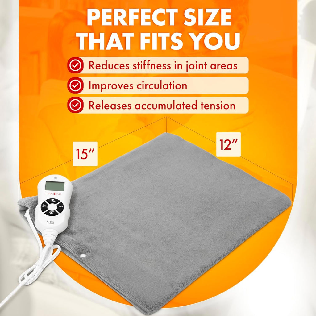TheraCare Digital Heating Pad with LCD Controller, 12" x 15" | Moist & Dry Heat Therapy for Sore Muscles, 110°F–160°F Range, Programmable 30/60-Min Shut-Off, Washable Cover