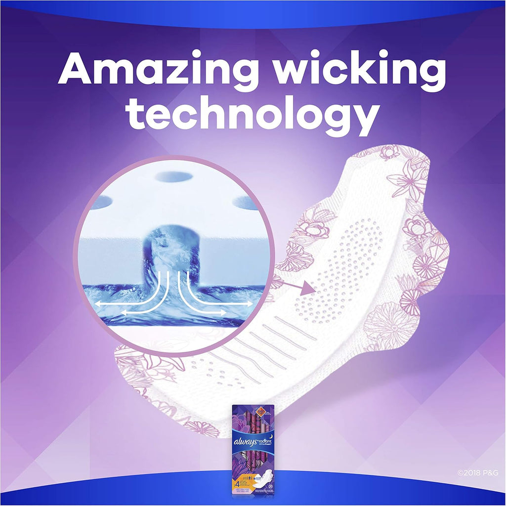 ALWAYS Radiant, Size 4, Overnight Sanitary Pads With Wings, Scented, 20 Count