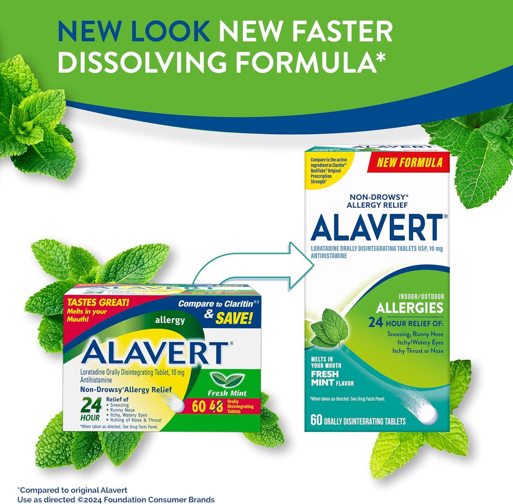 Alavert 24-Hour Allergy Relief, Non-Drowsy, Fresh Mint Flavor, 60 Tablets | Antihistamine providing 24-hour allergy relief, Loratadine 10mg, easy to take, no water needed, orally disintegrating tablets