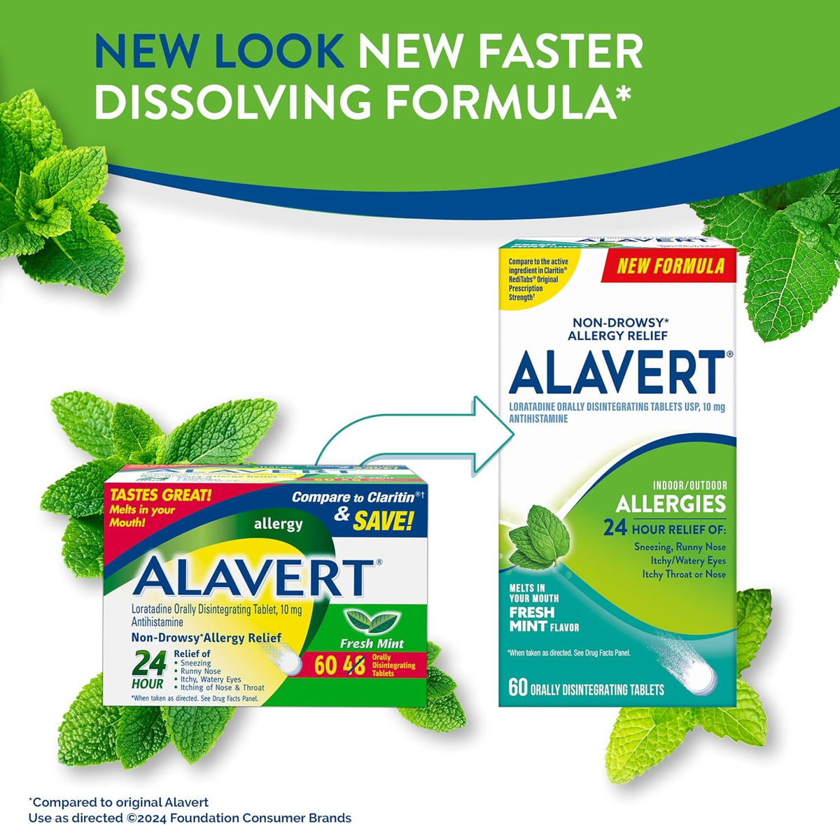 Alavert 24-Hour Allergy Relief, Non-Drowsy, Fresh Mint Flavor, 60 Tablets | Antihistamine providing 24-hour allergy relief, Loratadine 10mg, easy to take, no water needed, orally disintegrating tablets