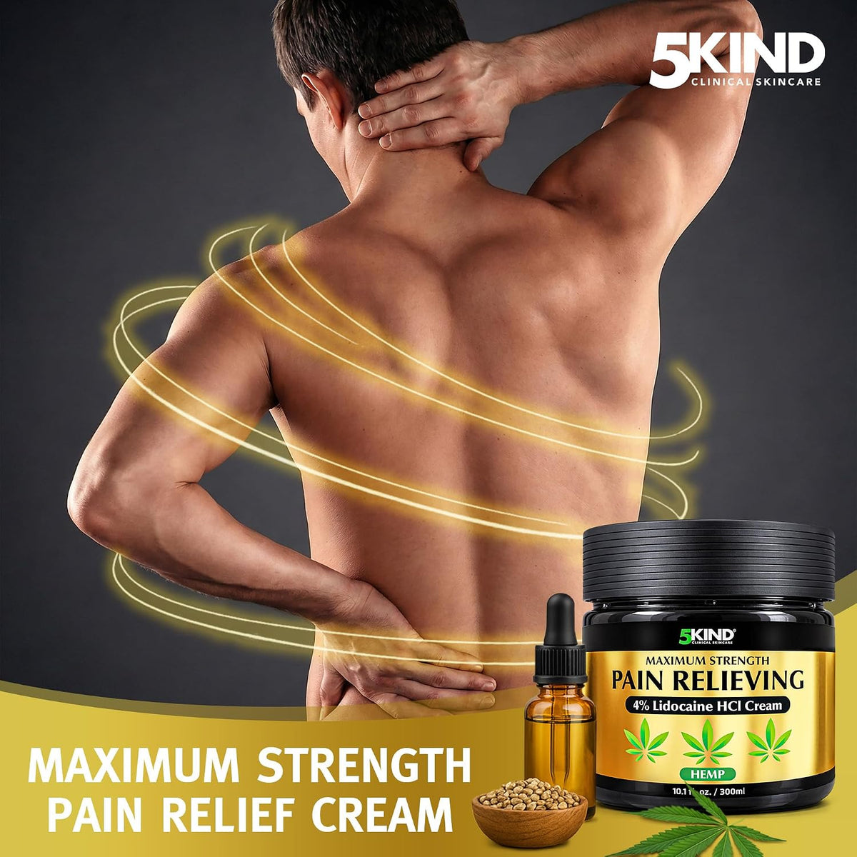 5Kind Extra Strong Lidocaine Cream with Hemp 10.1 fl oz Pain Relief Cream | Lidocaine Cream Maximum Strength Soothing Pain Relief Massage Gel - Lidocaine Numbing Cream Muscle Pain Relief - Made in USA