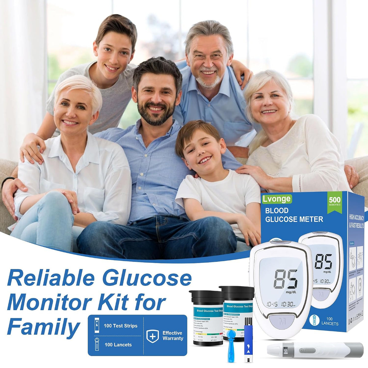 Glucose Monitor Kit, High Accuracy Blood Sugar Testing Kit with 100 Glucometer Strips & 100 Lancets, Larger-Screen Glucose Monitor with Lancing Devices, No Coding, Portable for Home or Travel