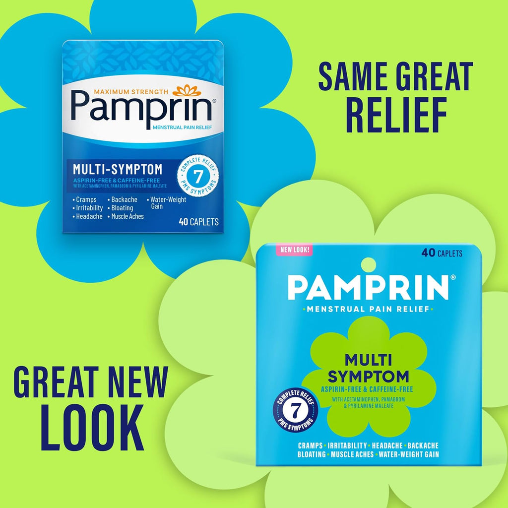 Pamprin Multi-Symptom Formula, with Acetaminophen, Menstrual Period Symptoms Relief including Cramps, Pain, Bloating, and Irritability 40 Caplets