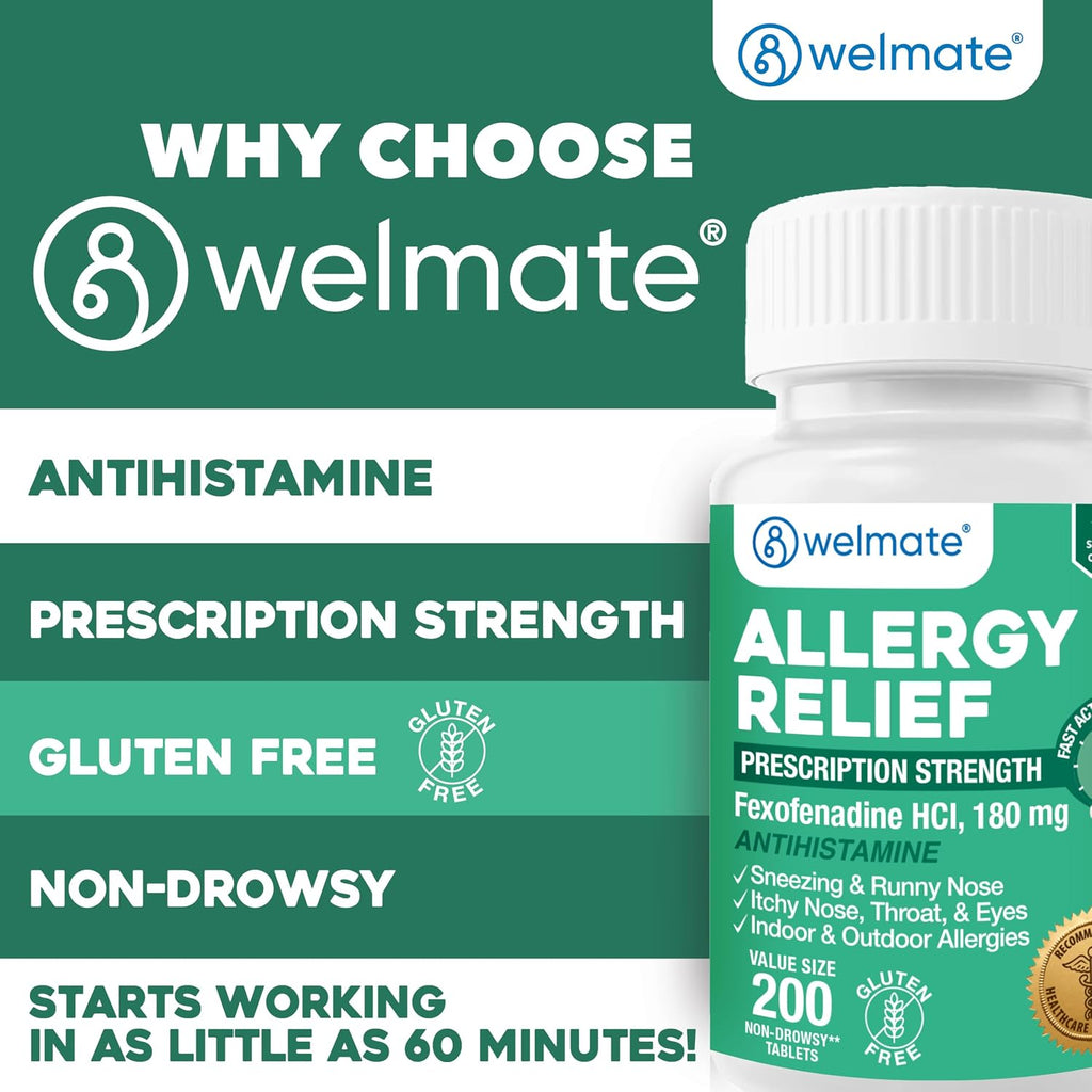 WELMATE Fexofenadine HCl 180mg Allergy Relief Tablets, 200 Count | 24-Hour Non Drowsy Antihistamine for Sneezing, Runny Nose, Itchy Watery Eyes - Indoor & Outdoor Allergy Medicine, Hay Fever