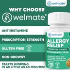 WELMATE Fexofenadine HCl 180mg Allergy Relief Tablets, 200 Count | 24-Hour Non Drowsy Antihistamine for Sneezing, Runny Nose, Itchy Watery Eyes - Indoor & Outdoor Allergy Medicine, Hay Fever