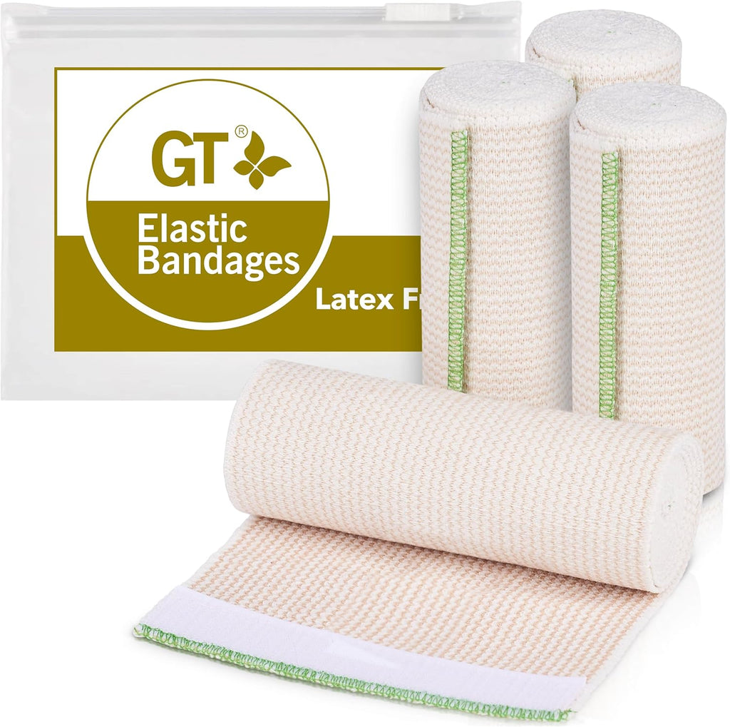 Premium Elastic Bandage Wrap (6" 4 Pack) - Hook & Loop Fasteners at Both Ends - Latex Free Hypoallergenic Compression Roll - Reusable Bandages for Waist, Legs, Elbow & Knee Wrap