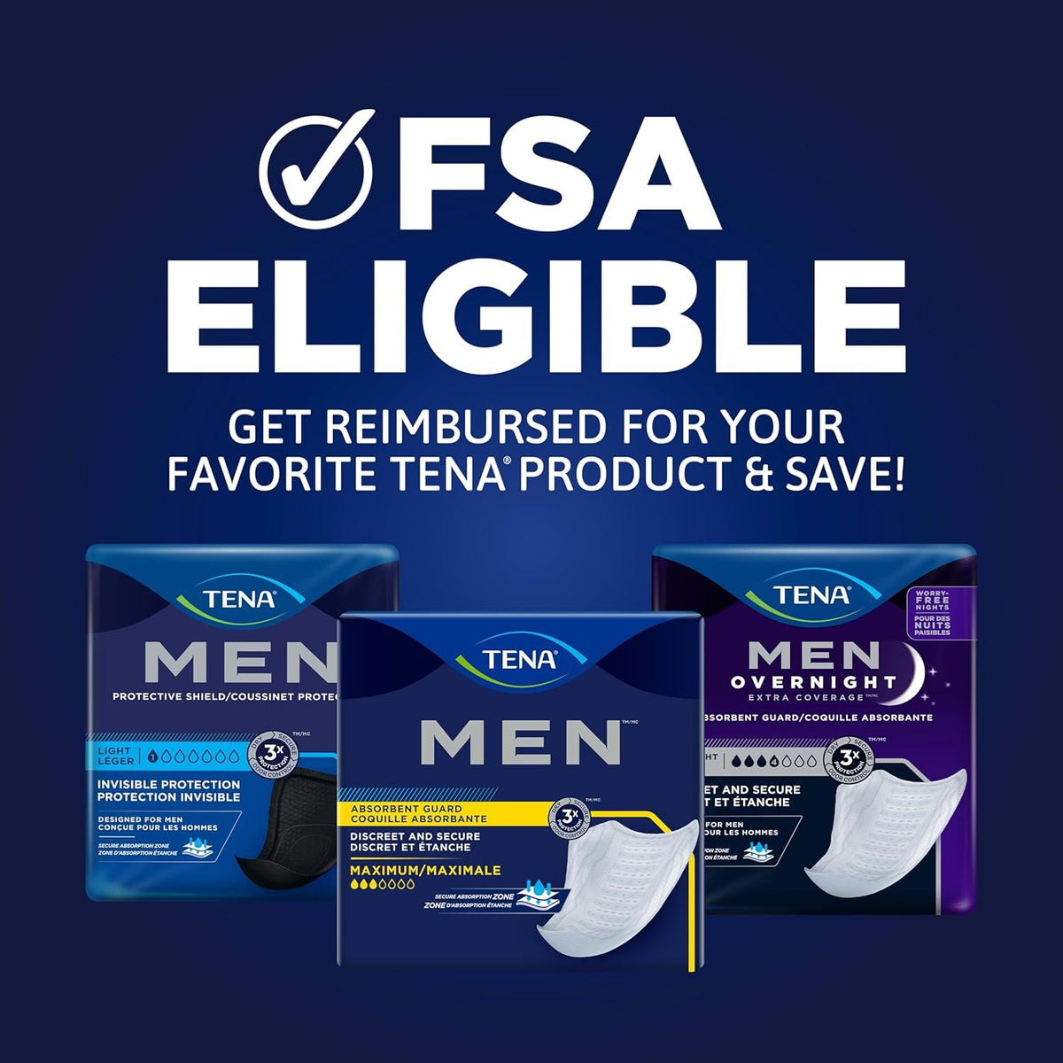 Tena Men Overnight Guards, Incontinence Pads for Men, 30 ct | Engineered to fit the male anatomy, these discreet, cup-shaped male guards help manage heavier bladder leaks, odor & wetness
