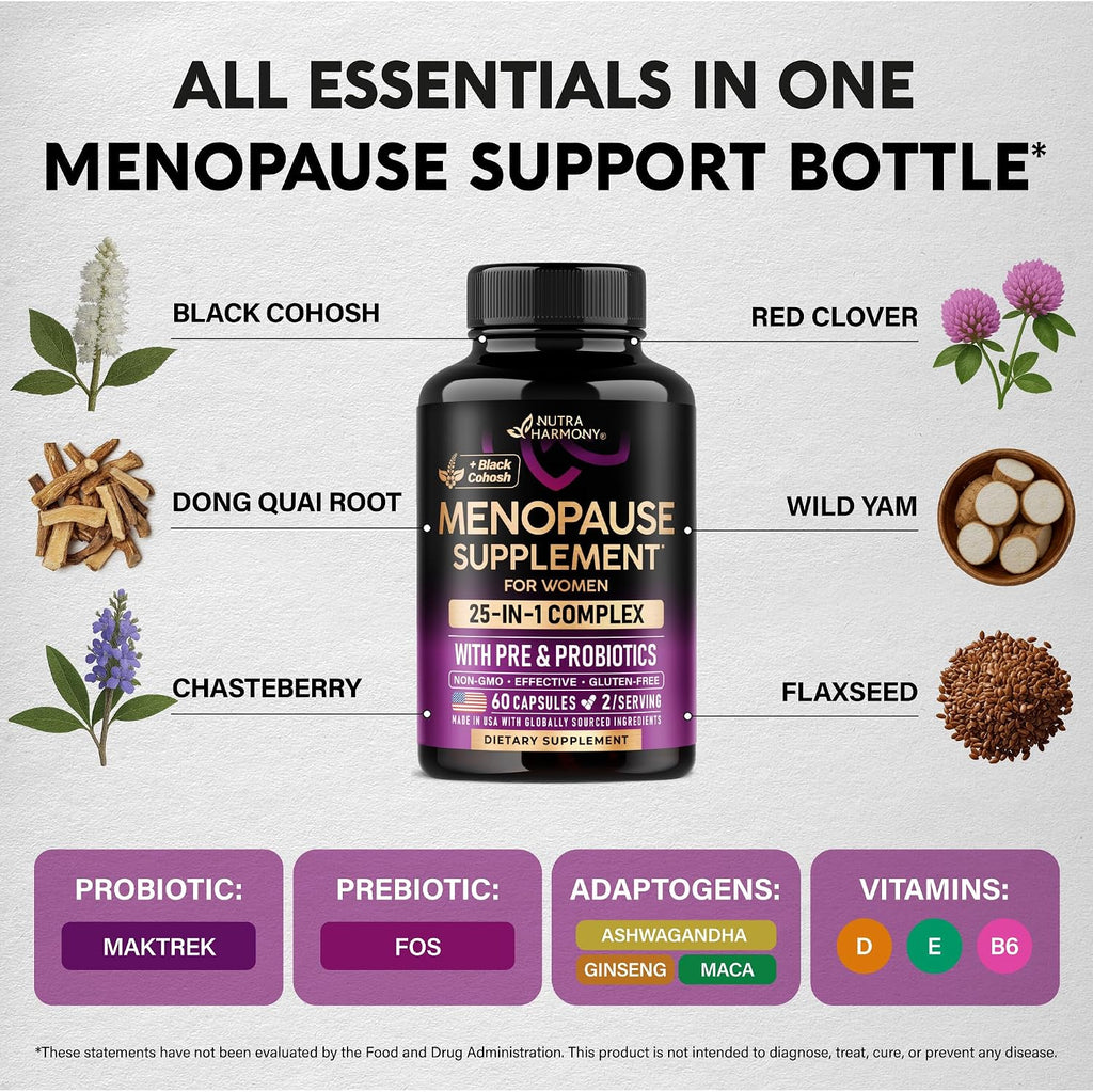 Menopause Supplements for Women - Black Cohosh, Pre & Probiotics - 60 Caps
