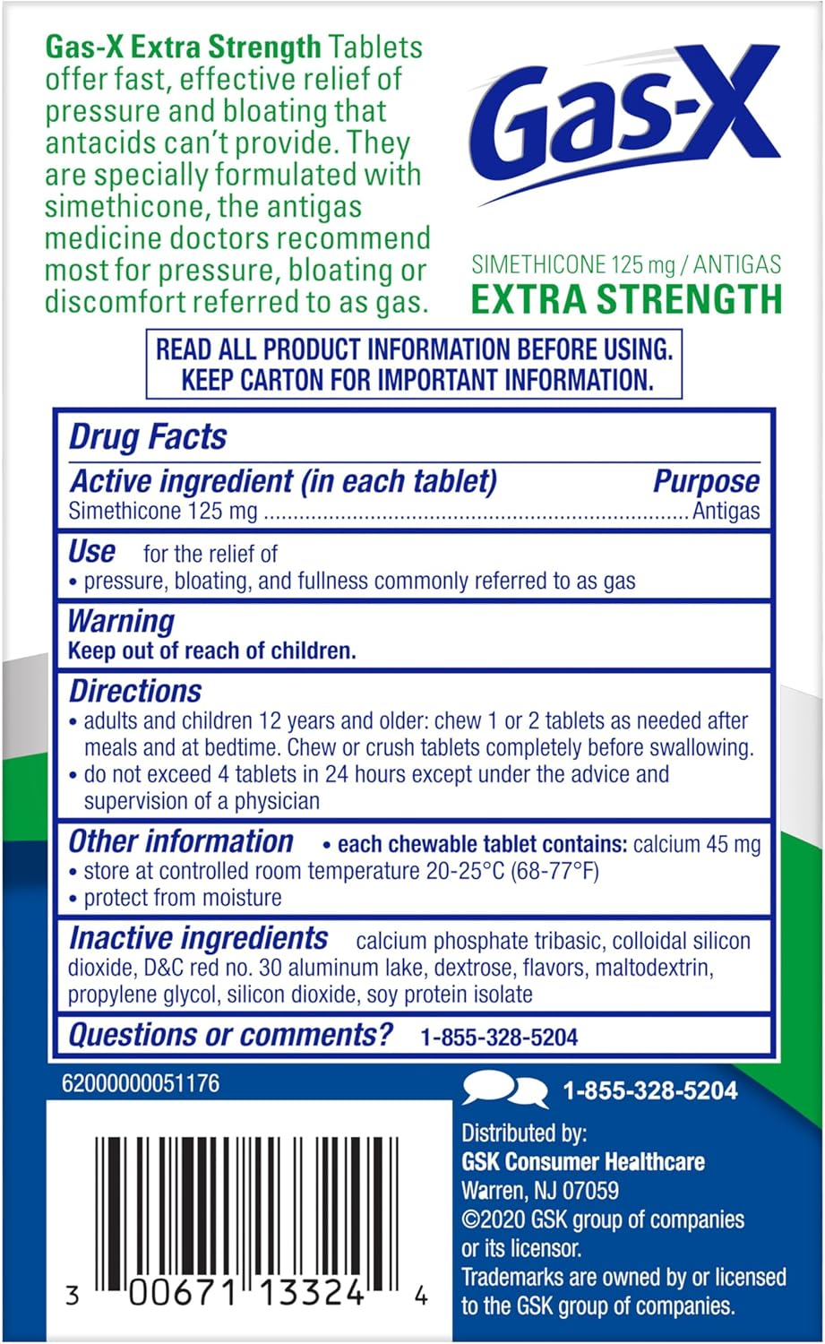 Gas-X Extra Strength Chewable Tablets, Gas Relief, Cherry, 72 Count | Simethicone 125mg Extra Strength Chewable Tablets, Fast Gas and Bloating Relief, GLP-1 Support