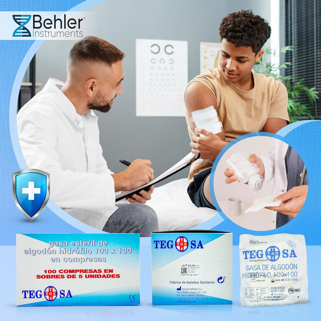 Sterile gauze of hydrophilic cotton in compresses 8 cm x 6 cm - 8 layers - Gauze - Pack of 100 units in 20 envelopes of 5 units - High absorbency and medical gauzes.