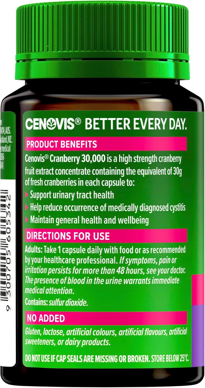 Cenovis Cranberry 30,000 30 Capsules - Maintains Urinary Tract Health - Helps Reduce Occurrence of Medically Diagnosed Cystitis - Supports General Wellbeing
