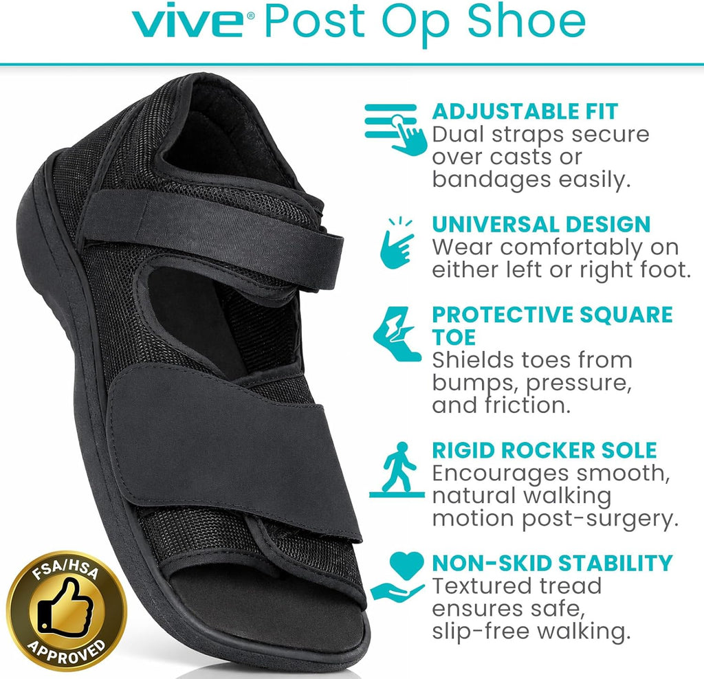 Vive Post Op Shoe - Lightweight Medical Walking Boot withAdjustable Straps - Post Injury Surgical Foot Cast - Durable Square Toe Orthopedic Support Brace for Broken Bone - Men, Women Fracture Recovery