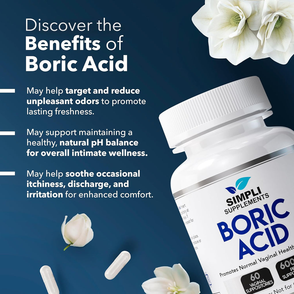 Simpli Supplements Boric Acid Suppositories for Women 600mg – 60 Count | Vaginal pH Balance Support | Feminine Care | Helps Maintain Freshness & Odor Control