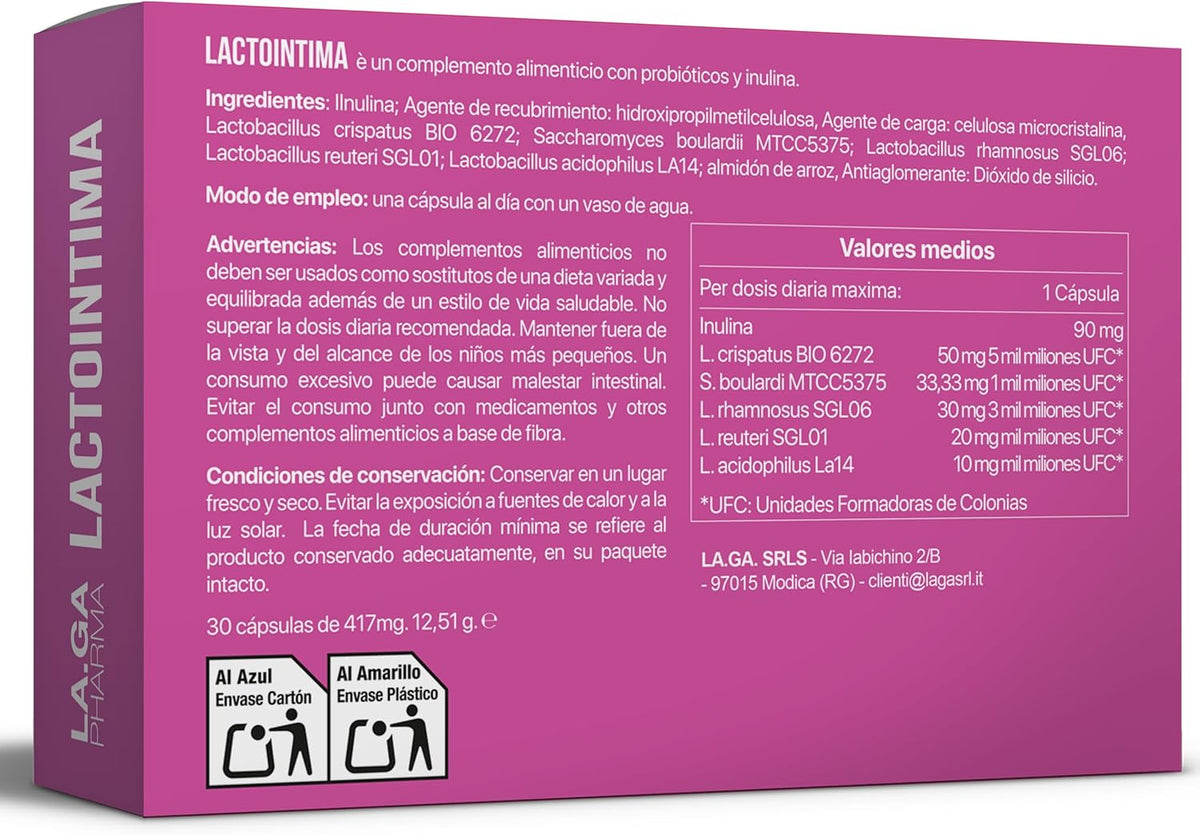 Flora Intima Woman Probiotics Helps Against Bacterial Vaginosis, Candida and Cistitus. Lactobacillus Reuteri, Rhamnosus, Crispatus, Acidophilus and Boulardi. 30 Gastroresistant Capsules, 1 Month