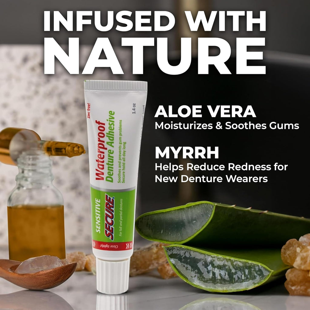 Secure Sensitive Denture Adhesive Cream, Zinc Free Denture Glue, 1.4 oz | Aloe Vera & Myrrh to Nourish Your Gums - Uppers, Lowers & Partials - Waterproof & Zinc Free - Less Adhesive, More Hold