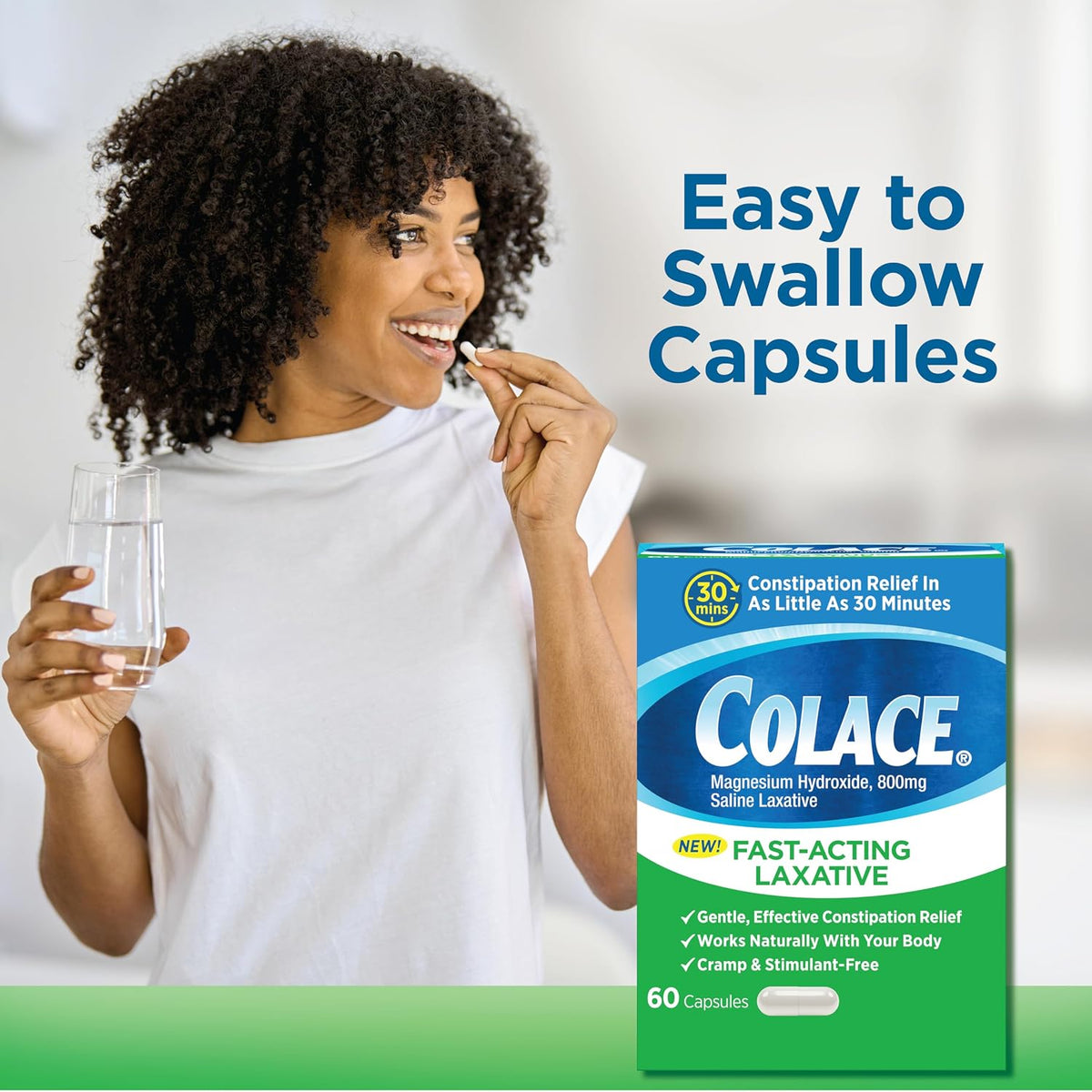 Colace Saline Laxative, Fast Acting Constipation Relief for Adults, 60 Ct | Gentle Magnesium Hydroxide Formula, Non-Stimulant Laxative, Severe Constipation Relief