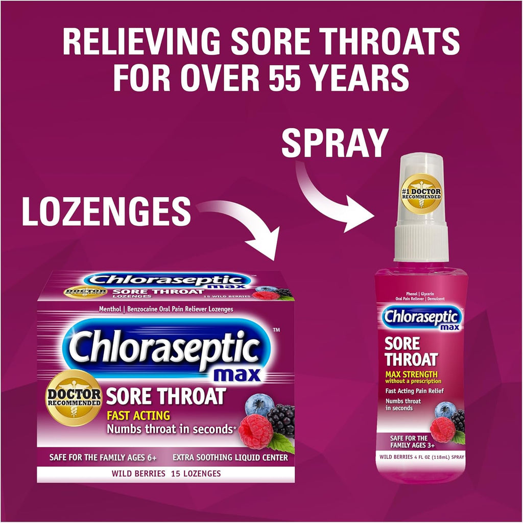 Chloraseptic Max Strength Sore Throat Lozenges, Wild Berry, 15 Count | Numbs Throat in Seconds*, Extra Soothing Liquid Center, Oral Pain Reliever Lozenges, Fast Acting, Cold and Flu Symptom Relief