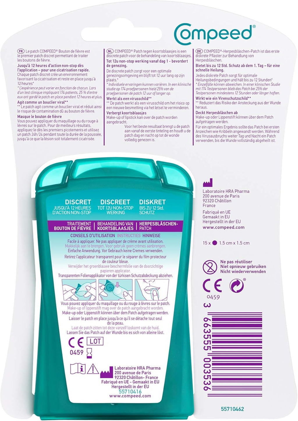 Compeed - Fever Herpes Patch, Discreet for Fast Treatment, Day and Night Care that Accelerate Healing - 15 Cold Sore Patches - Format (1.5 x 1.5 cm)