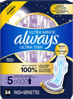 Always Ultra Thin Size 5 Extra Heavy Overnight Pads with Wings Unscented, 34Count, (Pack of 34)