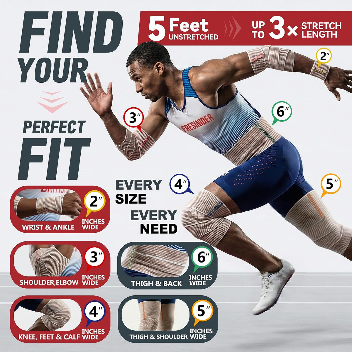 FRESINIDER Premium Elastic Bandage Wrap 8 Pack, 2-6 Inch, Hook and Loop
