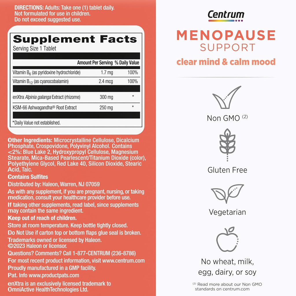 Centrum Clear Mind and Calm Mood Menopause Support Tablets, 30 Count | Powered by Clinically Studied Ingredients to Help Support Relief From the Disruptive Symptoms of Menopause, GLP-1 Support