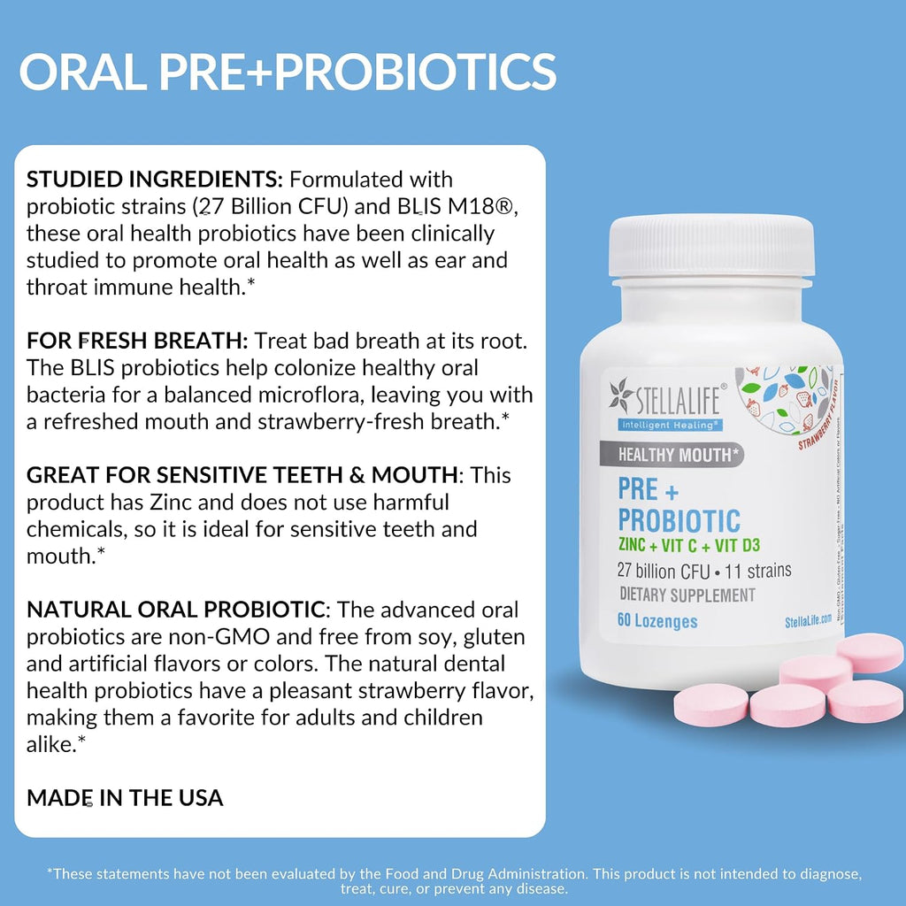 StellaLife Oral Prebiotic & Probiotic Lozenges for Teeth and Gums – 27B CFU, 11 Strains, Dental Probiotic for Bad Breath, Immune Support with VIT C, D3 & Zinc (Strawberry Flavor) 60 Day