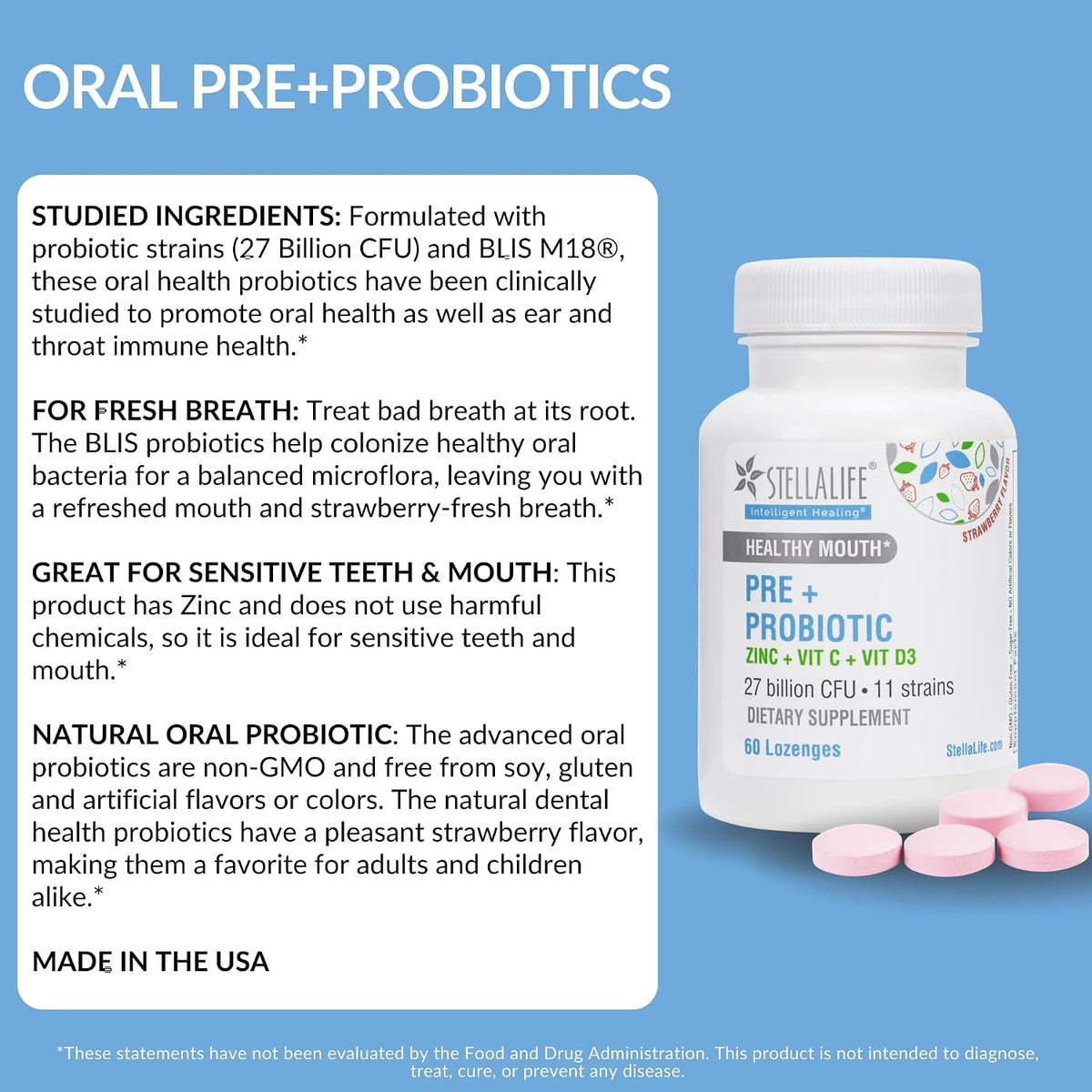 StellaLife Oral Prebiotic & Probiotic Lozenges for Teeth and Gums – 27B CFU, 11 Strains, Dental Probiotic for Bad Breath, Immune Support with VIT C, D3 & Zinc (Strawberry Flavor) 60 Day