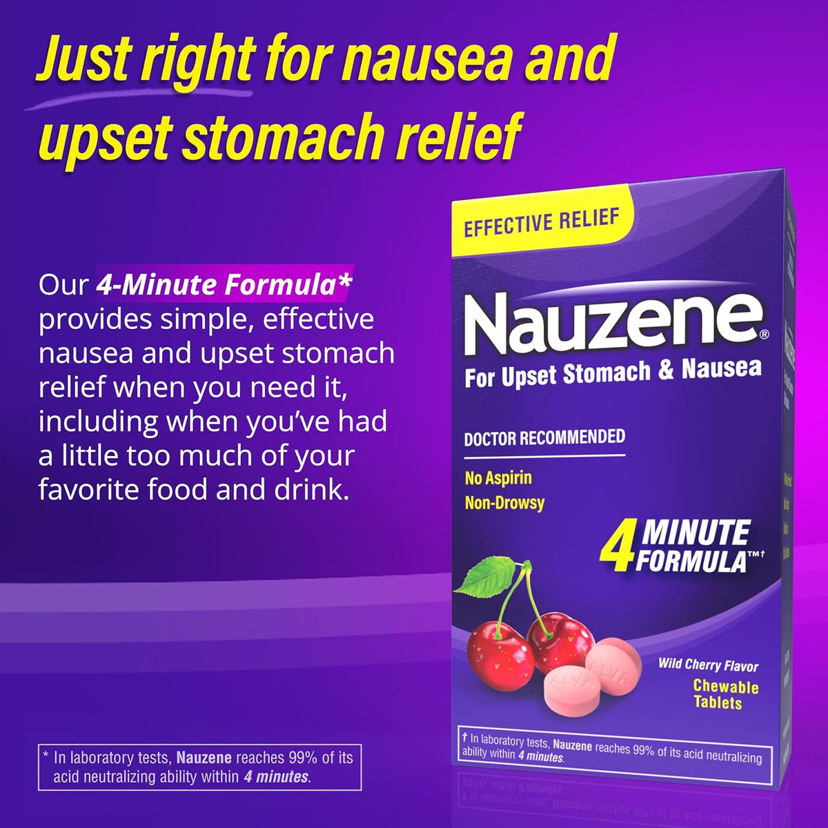 Nauzene Non-drowsy Upset Stomach & Nausea Relief Chewable Tablets - Fast-Acting Relief in 4 Minutes - Doctor Recommended - Wild Cherry Flavor, 42 ct