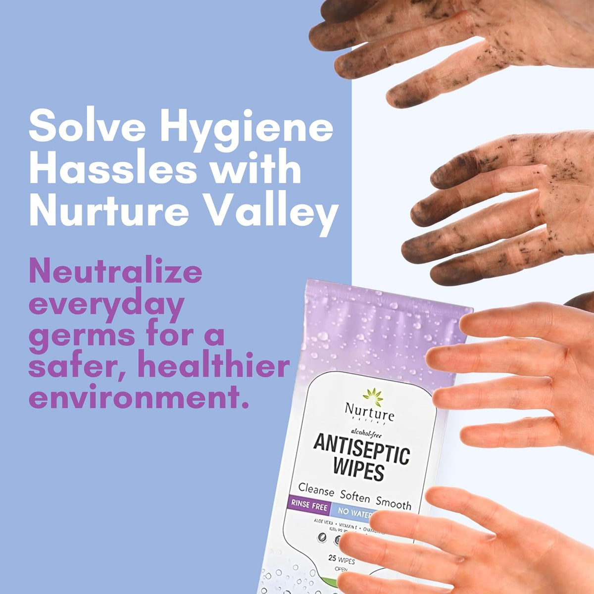 Nurture XL Antibacterial Body & Hand Sanitizing Cloths - 25 Wipes, 3 Pack | Ultra thick, strong moist wet towelettes offer gentle daily skin refreshing care for adults or baby; soft smooth foam pure