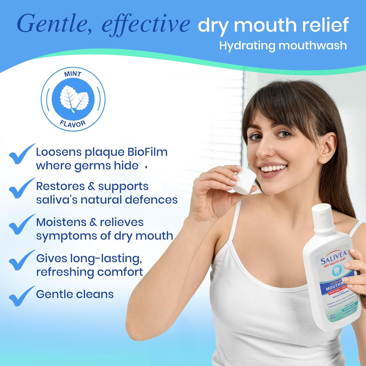 SALIVEA Dry Mouth Mouthwash Soothing Mint Flavor 16 oz Bottle Pack of 1 | Natural salivary enzymes gently freshen breath and aid daily oral care, sensitive-mouth formula for kids and adults