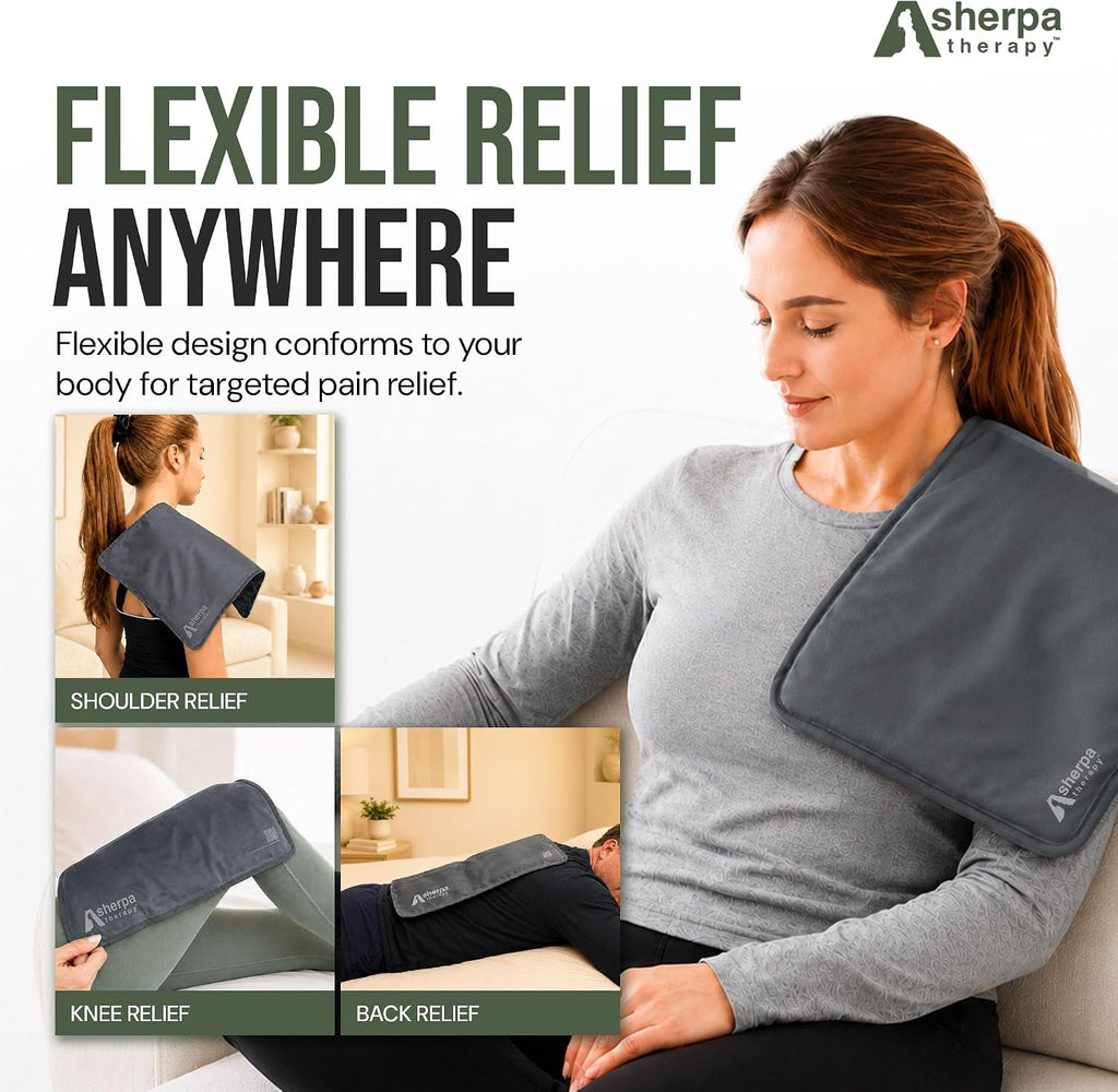 Flexible Hot and Cold Gel Pack, Large 11.5" x 14.5" | Reusable soft gel ice pack for injuries, recovery, dual-sided plush, medical grade for back, shoulder & muscle relief, grey