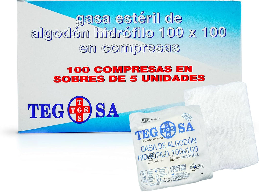 Sterile gauze of hydrophilic cotton in compresses 8 cm x 6 cm - 8 layers - Gauze - Pack of 100 units in 20 envelopes of 5 units - High absorbency and medical gauzes.