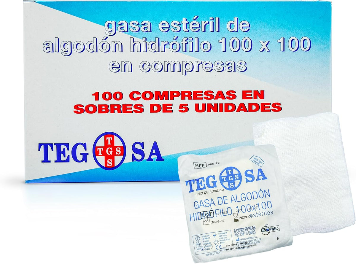 Sterile gauze of hydrophilic cotton in compresses 8 cm x 6 cm - 8 layers - Gauze - Pack of 100 units in 20 envelopes of 5 units - High absorbency and medical gauzes.