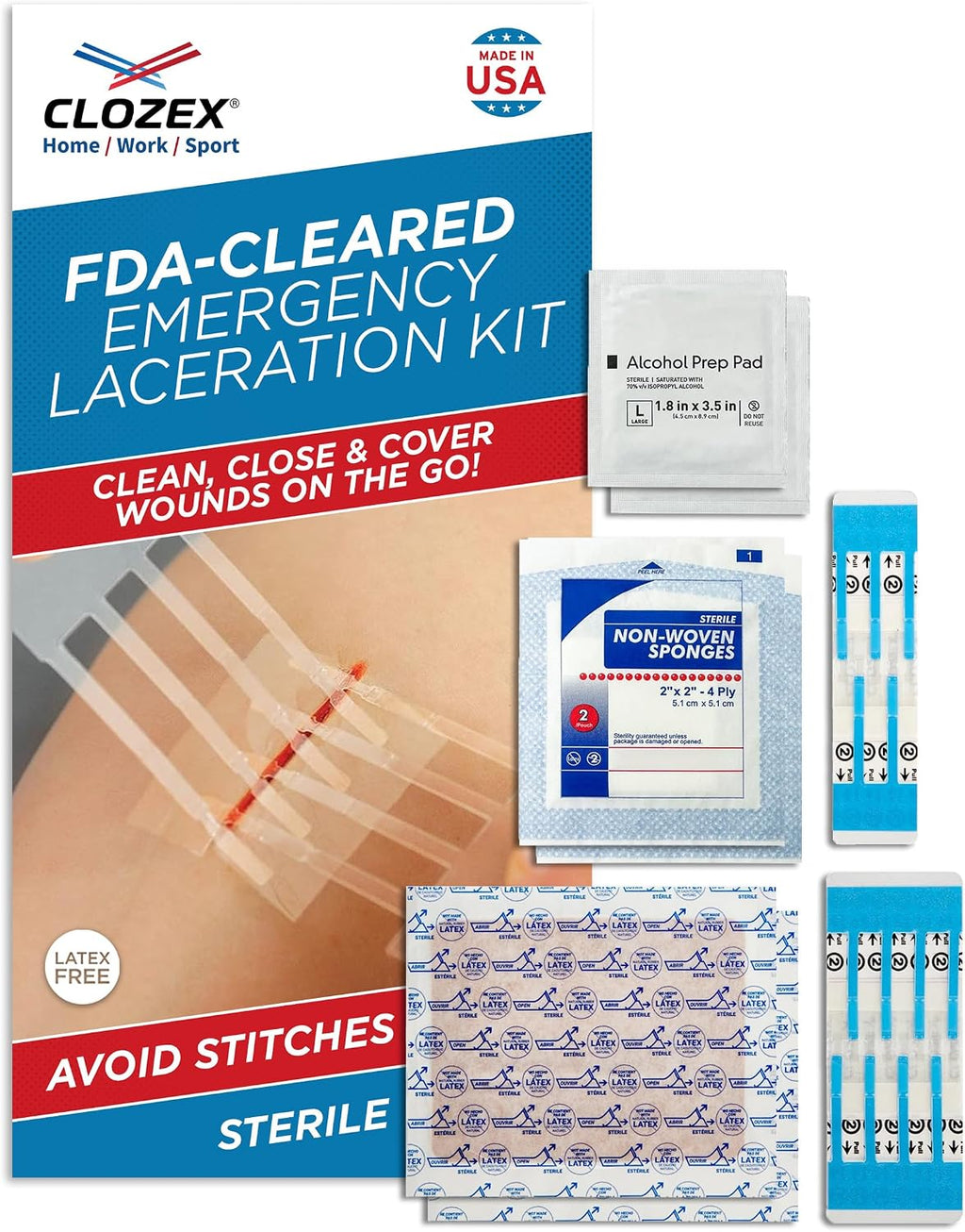 Clozex Complete Emergency Laceration Kit - Repair Wounds Without Stitches, FSA HSA Eligible Skin Clean Cover Closure Device for 2 Individual Or Combine for 2 1/2 in. Length