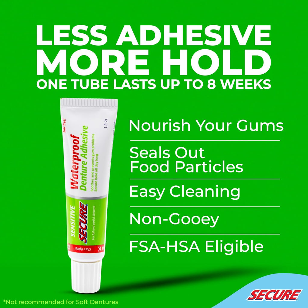 Secure Sensitive Denture Adhesive Cream, Zinc Free Denture Glue, 1.4 oz | Aloe Vera & Myrrh to Nourish Your Gums - Uppers, Lowers & Partials - Waterproof & Zinc Free - Less Adhesive, More Hold